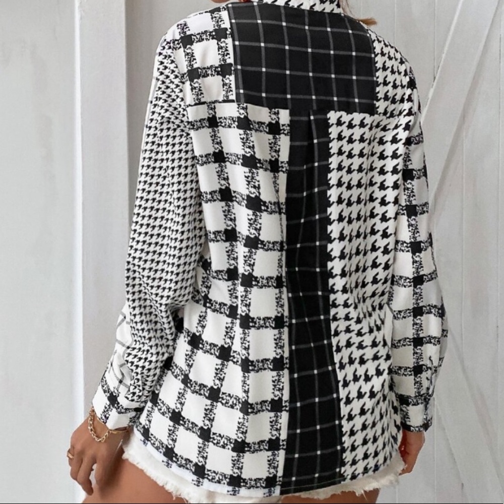 Black white houndstooth button up blouse boyfriend - Picture 4 of 5